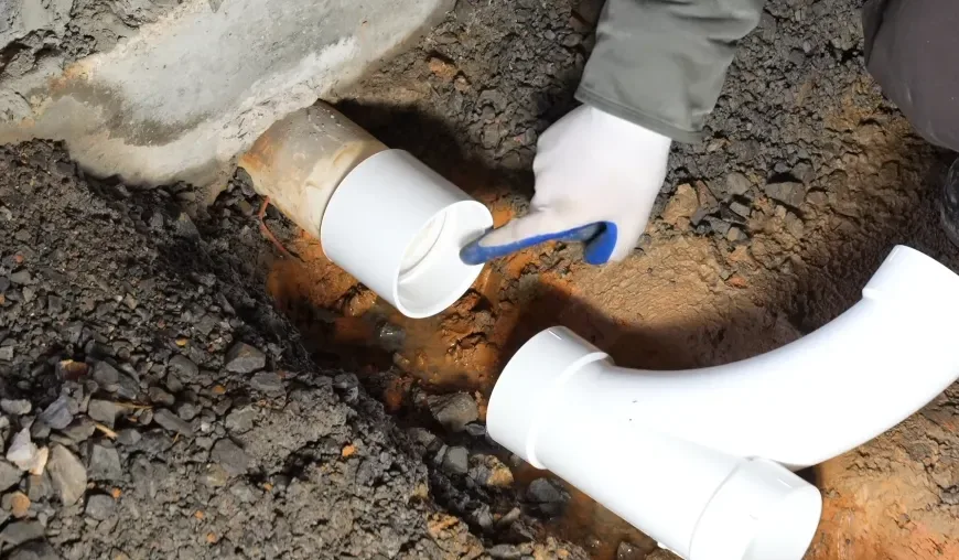 PVC sewer pipe being joined in an open trench